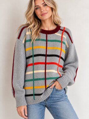 Vintage Wool Blend Window Pane Plaid Colourful Pullover Sweater XL